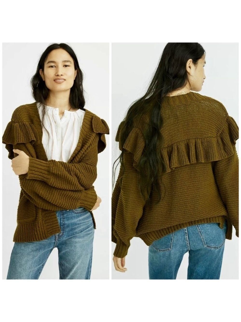 Madewell Ruffle Cardigan Sweater In Green